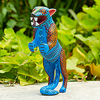 Wood alebrije sculpture, 'Standing Jaguar' - Artisan Crafted Oaxacan Alebrije