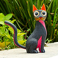 Wood alebrije sculpture, 'Alert Cat in Grey' - Handmade Wooden Sculpture from Oaxaca