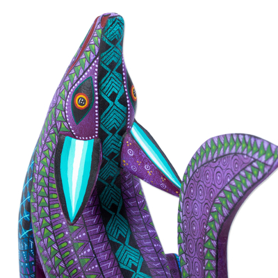 Wood alebrije sculpture, 'Purple Coyote' - Hand-Painted Oaxacan Alebrije Sculpture