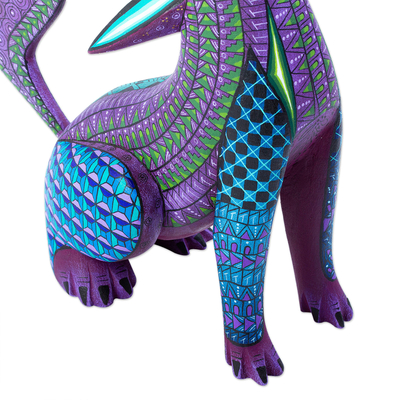 Wood alebrije sculpture, 'Purple Coyote' - Hand-Painted Oaxacan Alebrije Sculpture