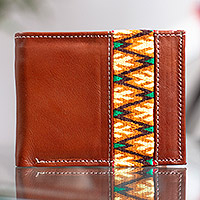 Cotton-accented leather wallet, 'Desert Border' - Bifold Leather Wallet with Cotton Accent