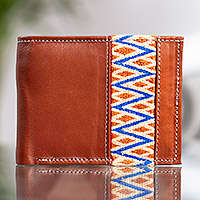Cotton-accented leather wallet, 'Mountain Border' - Handcrafted Men's Leather Wallet