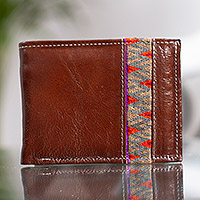 Cotton-accented leather wallet, 'Valley Border' - Brown Leather Men's Wallet with Cotton Accent