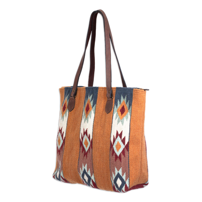 Zapotec leather accent wool tote bag, 'Goldenrod Skies' - Handwoven Star Motif Yellow Wool Zapotec Tote Bag