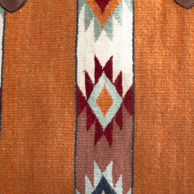 Tragetasche aus Wolle mit Zapotec-Lederakzenten - Handgewebte Einkaufstasche aus gelber Zapotec-Wolle mit Sternmotiv