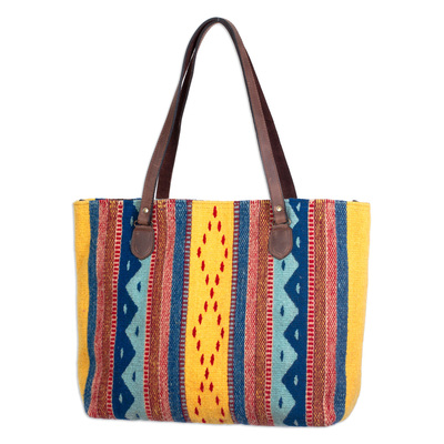 Handwoven Fiesta Motif Leather Accent Wool Zapotec Tote Bag - Afternoon ...