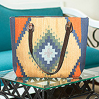 Zapotec leather accent wool tote bag, 'Zapotec Moonlight' - Handwoven Diamond Motif Leather Accent Wool Zapotec Tote Bag