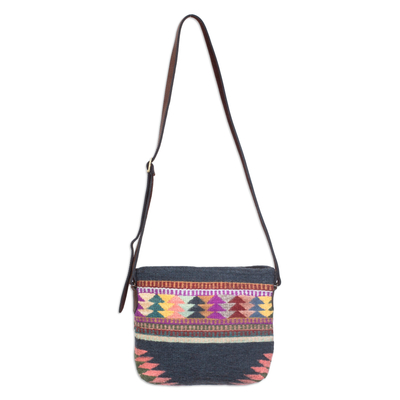 Leather accent wool sling bag, 'Zapotec Pines' - Zapotec Handwoven Grey Wool Leather Accent Sling Bag