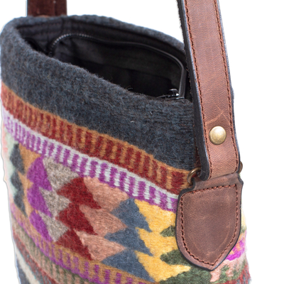 Leather accent wool sling bag, 'Zapotec Pines' - Zapotec Handwoven Grey Wool Leather Accent Sling Bag