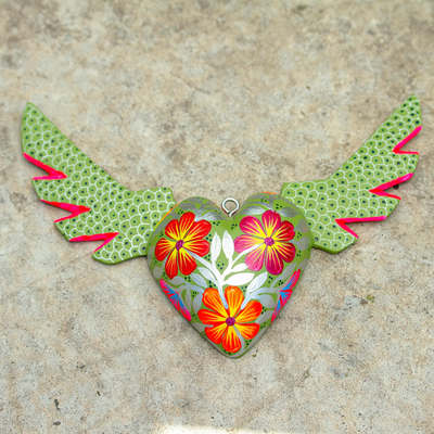 Wood wall accent, 'Oaxacan Heart in Green' - Hand-Painted Winged Heart Wall Accent
