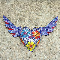 Wood wall accent, 'Oaxacan Heart in Blue' - Artisan Crafted Folk Art Wall Accent