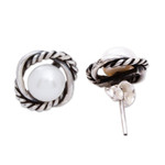 Cultured pearl stud earrings,'Tangled Rope' - Taxco Silver Stud Earrings with Cultured Pearls