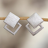 Sterling silver drop earrings, 'Square Off' - Handcrafted Taxco Sterling Silver Earrings