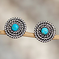 Sterling silver button earrings, 'Coiled Rope' - Handcrafted Sterling Silver Button Earrings