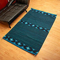 Wool area rug, 'Oaxacan Steps' (4x6.5) - Teal Zapotec Area Rug (4x6.5)