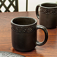 Tazas de cerámica, 'Tradición en Negro' (par) - Tazas de cerámica hechas a mano en México (Par)