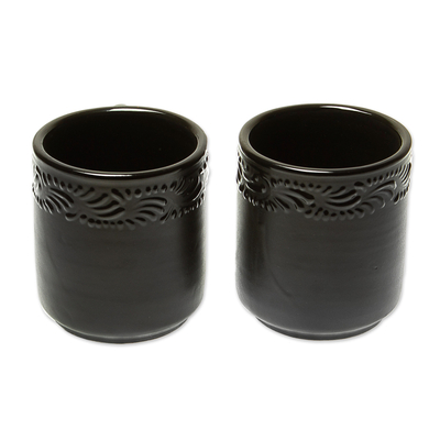 Ceramic mugs, 'Tradition in Black' (pair) - Handmade Ceramic Mugs from Mexico (Pair)