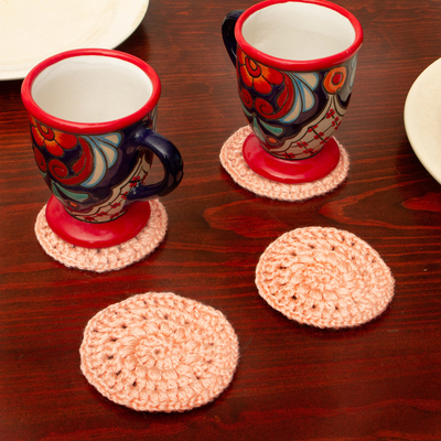 Cotton blend crocheted coasters, 'Petal Pink Pinwheel' (set of 4) - Set of 4 Handmade Petal Pink Crocheted Coasters