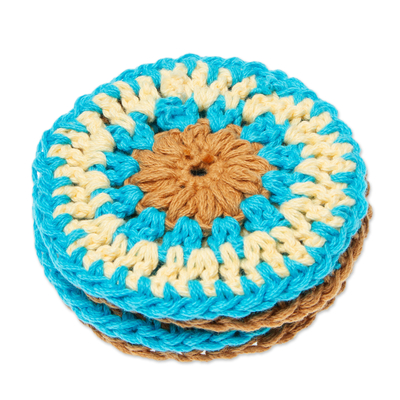 Cotton blend crocheted coasters, 'Turquoise Pinwheel' (set of 4) - Set of 4 Handmade Turquoise  and Brown Crocheted Coasters