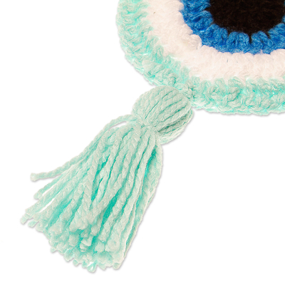 Crocheted wall accent, 'See No Evil in Aqua' - Handmade Evil Eye Talisman from Mexico