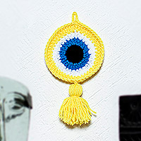 Crocheted wall accent, 'See No Evil in Yellow' - Wall Accent Hand Crocheted in Mexico