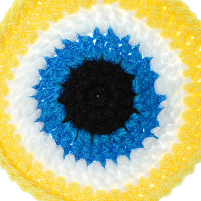 Crocheted wall accent, 'See No Evil in Yellow' - Wall Accent Hand Crocheted in Mexico
