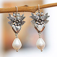 Cultured pearl dangle earrings, 'Mazahua Magic' - Romantic Cultured Pearl and Sterling Silver Earrings