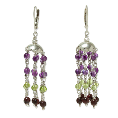 Multi-gemstone waterfall earrings, 'Dance in the Rain' - Handcrafted Multi-gemstone Dangle Earrings
