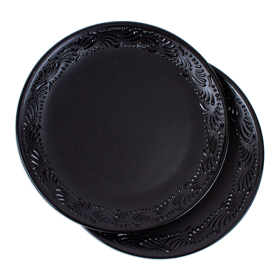 Ceramic luncheon plates, 'Dark Palace' (pair) - Pair of Handmade Talavera Ceramic Luncheon Plates in Black