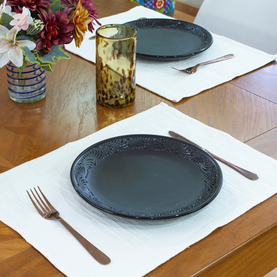 Ceramic luncheon plates, 'Dark Palace' (pair) - Pair of Handmade Talavera Ceramic Luncheon Plates in Black