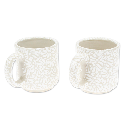 Ceramic mugs, 'Splendid Spring' (pair) - 2 Talavera Style Hand-Painted Ceramic Mugs in Beige & White