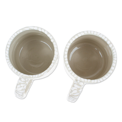 Ceramic mugs, 'Splendid Spring' (pair) - 2 Talavera Style Hand-Painted Ceramic Mugs in Beige & White