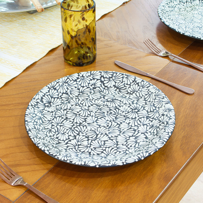 Ceramic luncheon plates, 'Dark Spring' (pair) - Pair of Floral Talavera Ceramic Luncheon Plates in Black
