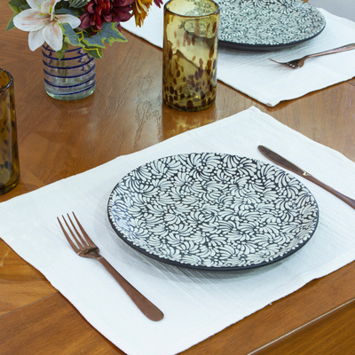 Ceramic dinner plates, 'Night Spring' (pair) - Pair of Floral Talavera Ceramic Dinner Plates in Black