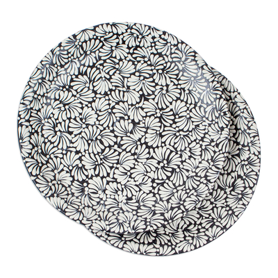 Ceramic dinner plates, 'Night Spring' (pair) - Pair of Floral Talavera Ceramic Dinner Plates in Black