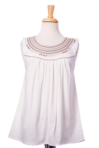 Sleeveless cotton blouse, 'Highlands' - Artisan Crafted Sleeveless White Cotton Blouse from Mexico