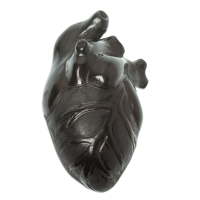 Ceramic sculpture, 'Whole Heart' - Handmade Black Clay Sculpture