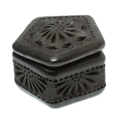 Ceramic decorative box, 'Floral Pentagon' - Mexican Barro Negro Decorative Box