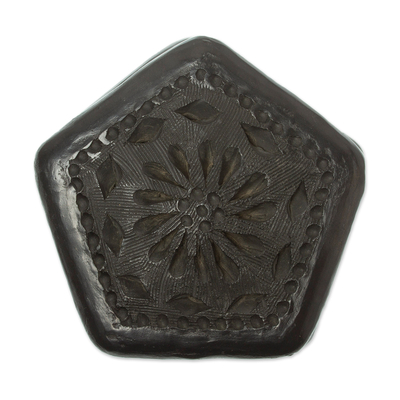 Ceramic decorative box, 'Floral Pentagon' - Mexican Barro Negro Decorative Box