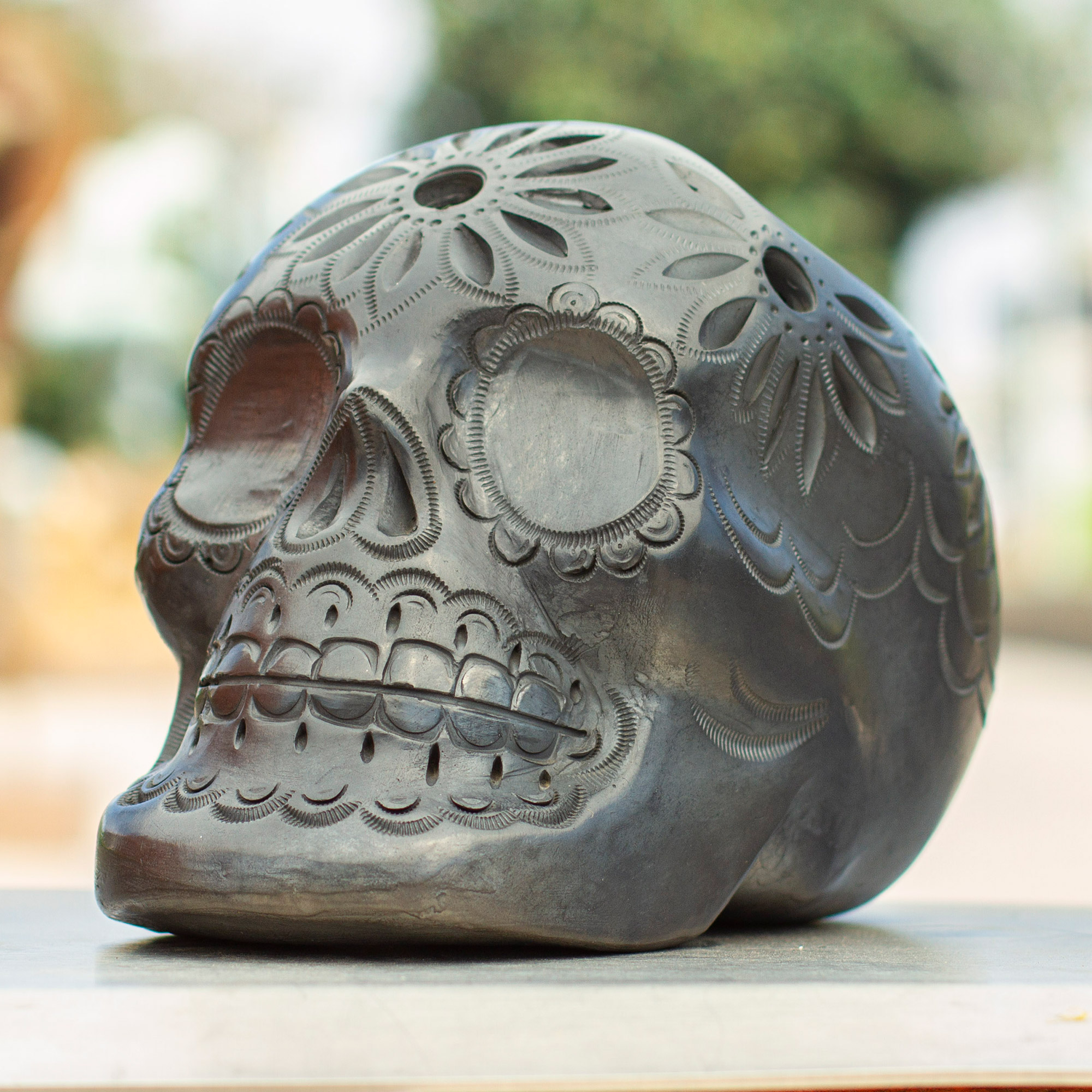 Handcrafted Black Ceramic Skull Planter - Revival | NOVICA