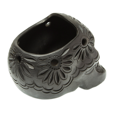 Jardinera de cerámica - Maceta de calavera de cerámica negra hecha a mano.