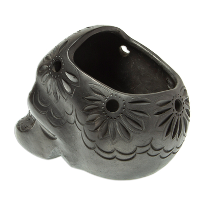 Jardinera de cerámica - Maceta de calavera de cerámica negra hecha a mano.