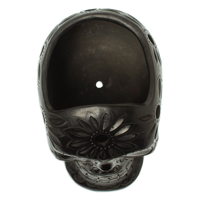 Ceramic planter, 'Revival' - Handcrafted Black Ceramic Skull Planter