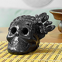 Ceramic figurine, 'Spring Frida' - Handcrafted Barro Negro Ceramic Floral Skull Figurine