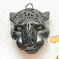 Máscara de cerámica, 'Jaguar Floral' - Mascarilla Decorativa de Pared Barro Negro