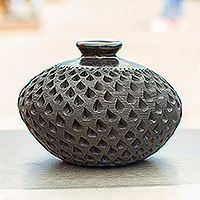 Decorative ceramic vase, 'Bartolo Black' - Handmade Black Clay Decorative Vase
