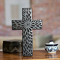 Ceramic wall cross, 'Oaxacan Faith' - Artisan Crafted Barro Negro Wall Cross from Mexico