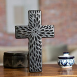 Ceramic wall cross, 'Oaxacan Faith' - Artisan Crafted Barro Negro Wall Cross from Mexico