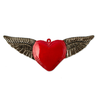 Embossed tin wall accent, 'Heart Takes Flight' - Handcrafted Oaxacan Tin Wall Accent