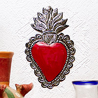 Embossed tin wall accent, 'Heart in Flames' - Artisan Crafted Metal Wall Accent
